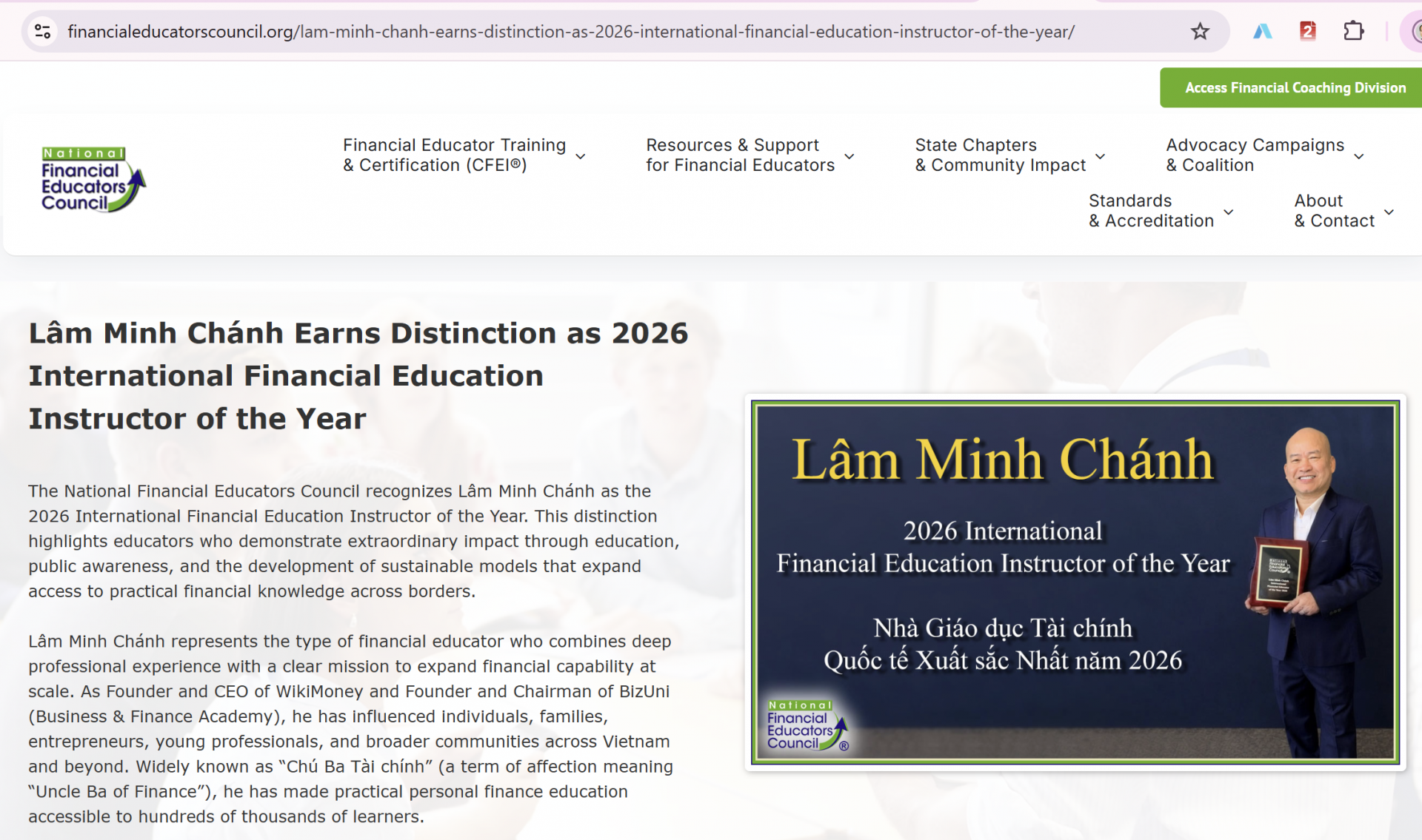 Ông Lâm Minh Chánh được vinh danh là Nhà Giáo dục Tài chính Quốc tế năm 2026 bởi Hội đồng Giáo dục Tài chính Hoa Kỳ (NFEC)